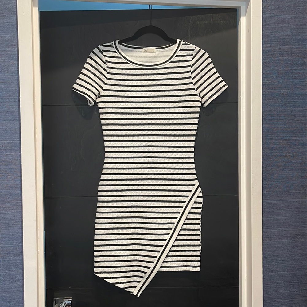 Striped asymmetrical bodycon dress by Necessary Clothing